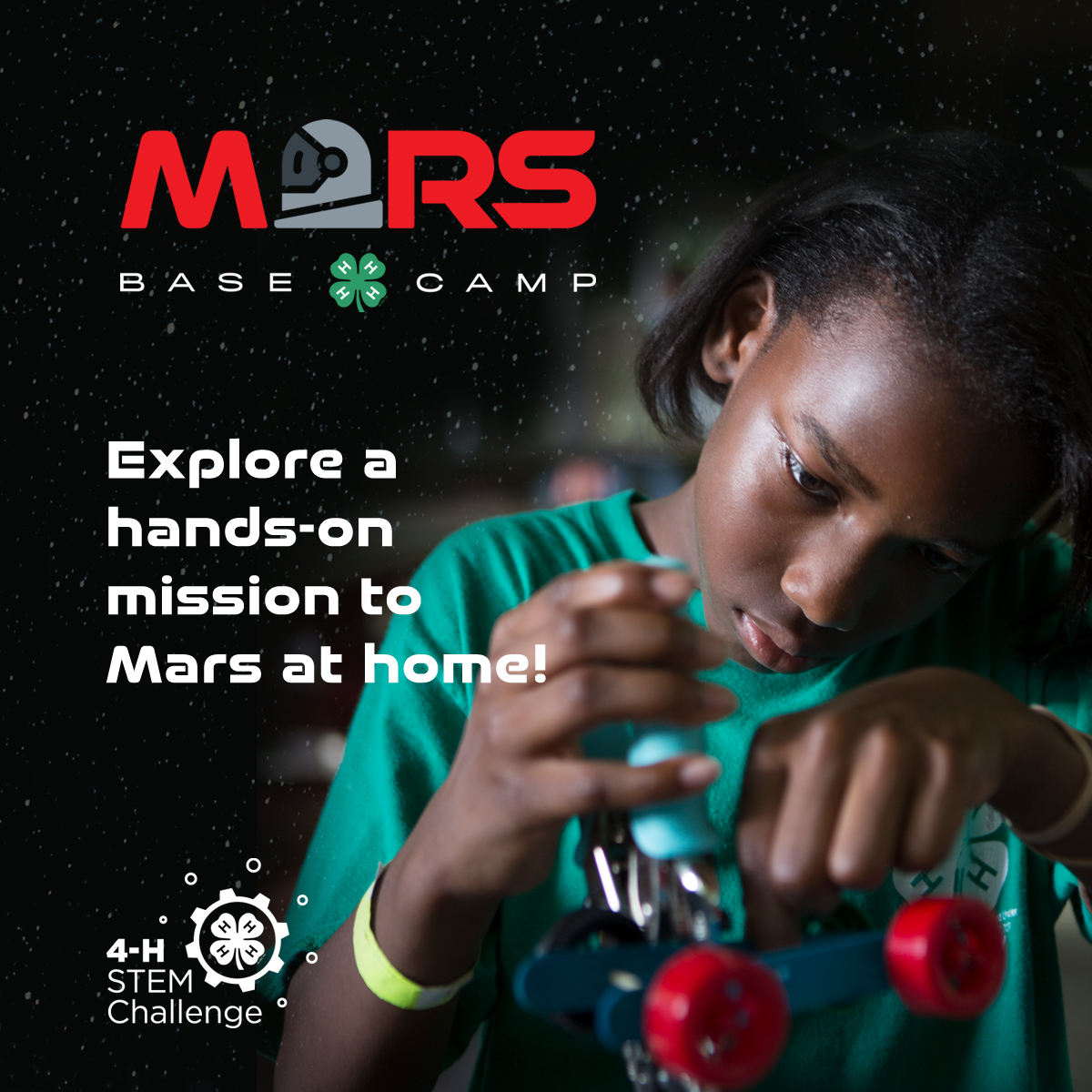 Girl building car and Mars Base Camp text