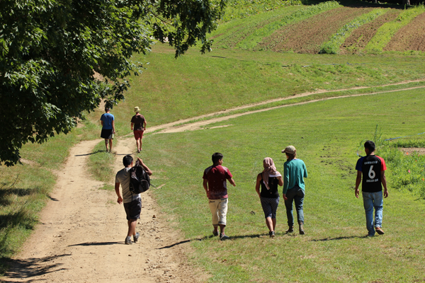Students and researchers walking across Stout Oak Farm in Brentwood, NH