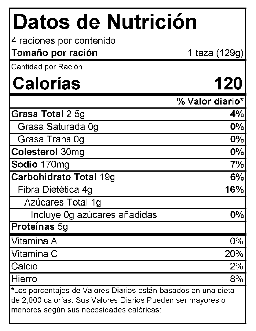 Nutrition Facts Label for Azzro caribeno 
