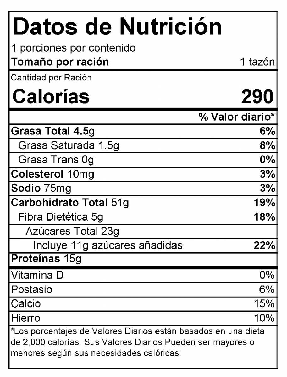 Nutrition Facts Label Avena con arandanos para el dia siguiente
