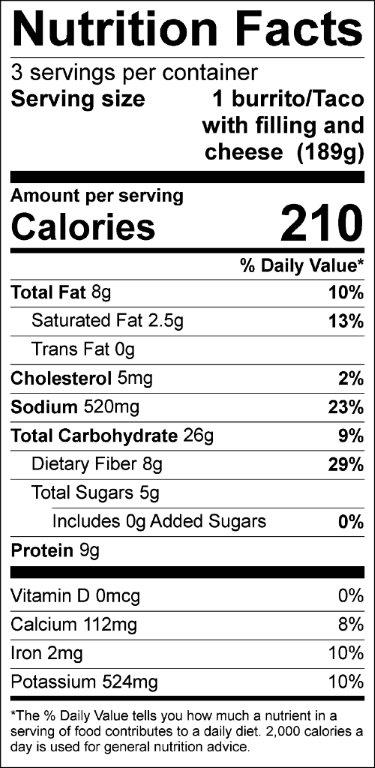 Nutrition Facts Label for Bean Taco Burrito Filling