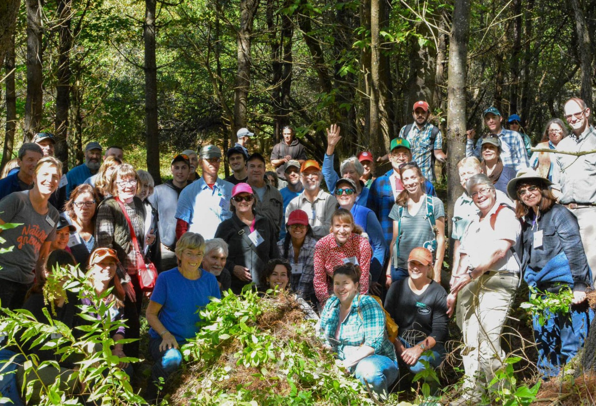 Invasives Academy group photo in the woods
