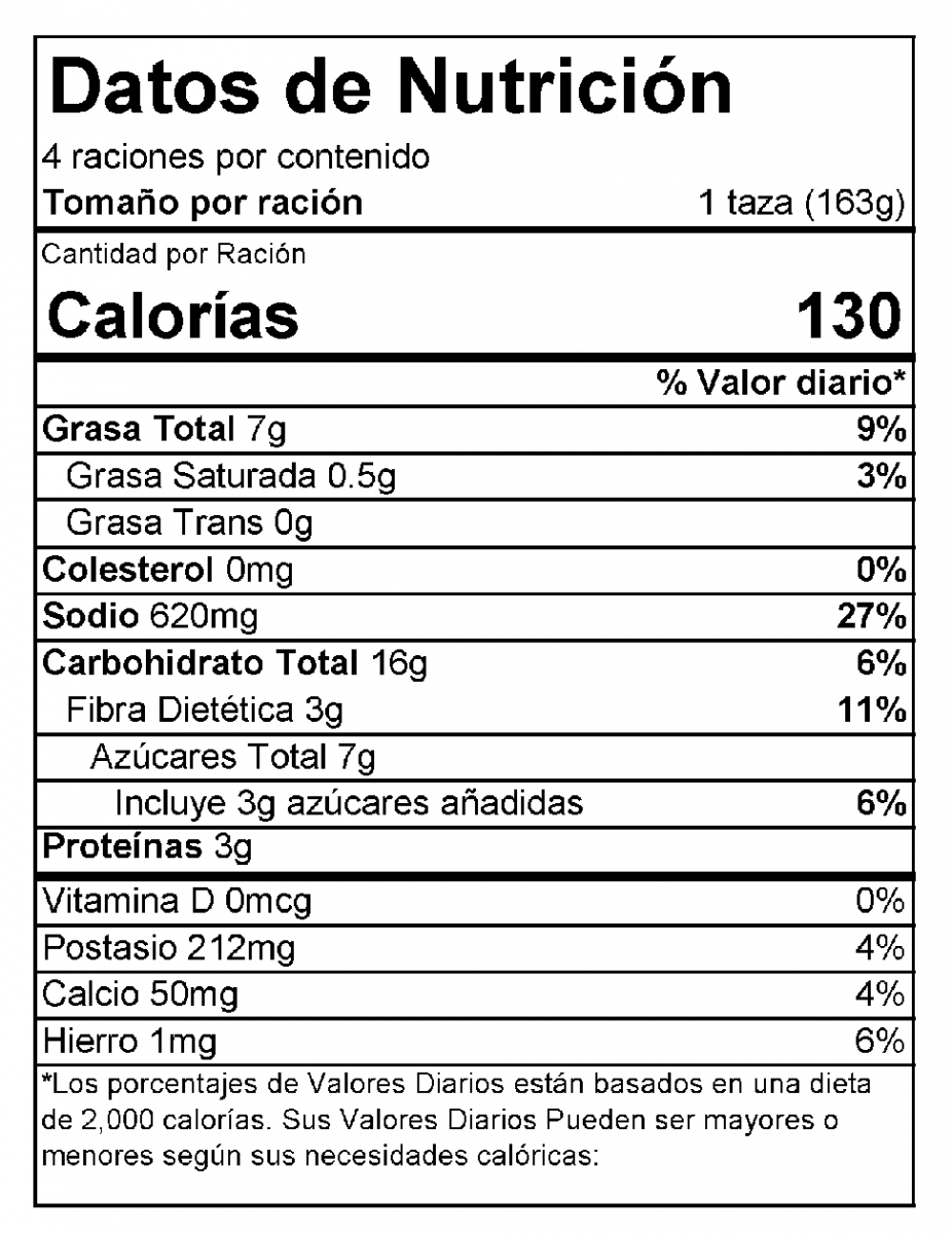 Nutrition Facts Label Salteado do verduras