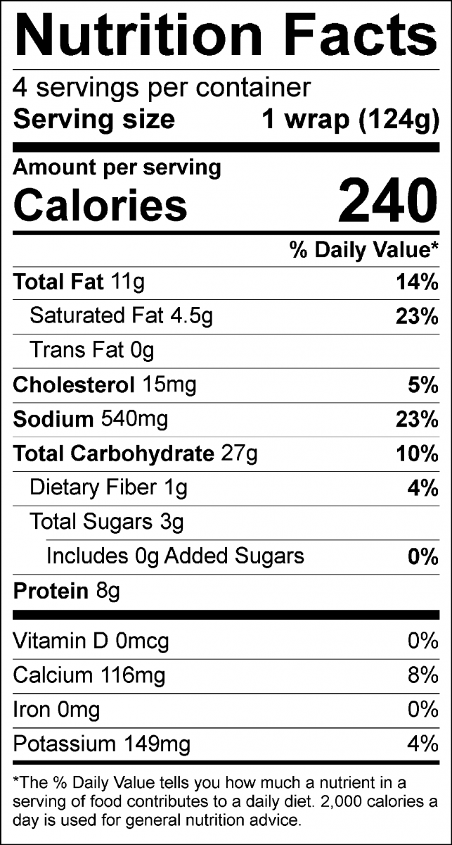 Nutrition Facts Label Vegetable Wrap