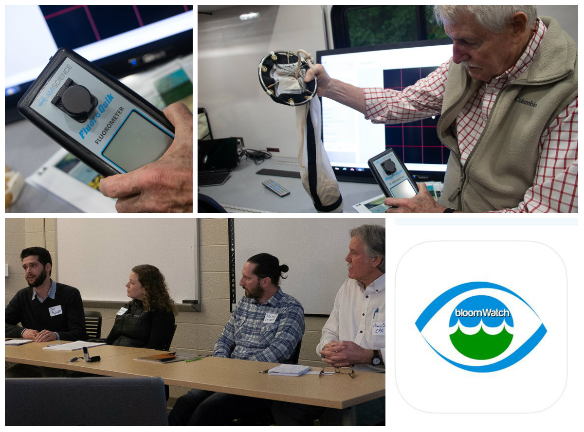 Collage showing tools for monitoring cyanobacteria and presenters at the conference