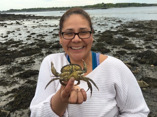 Field specialist Gabby Bradt holds up a green crab