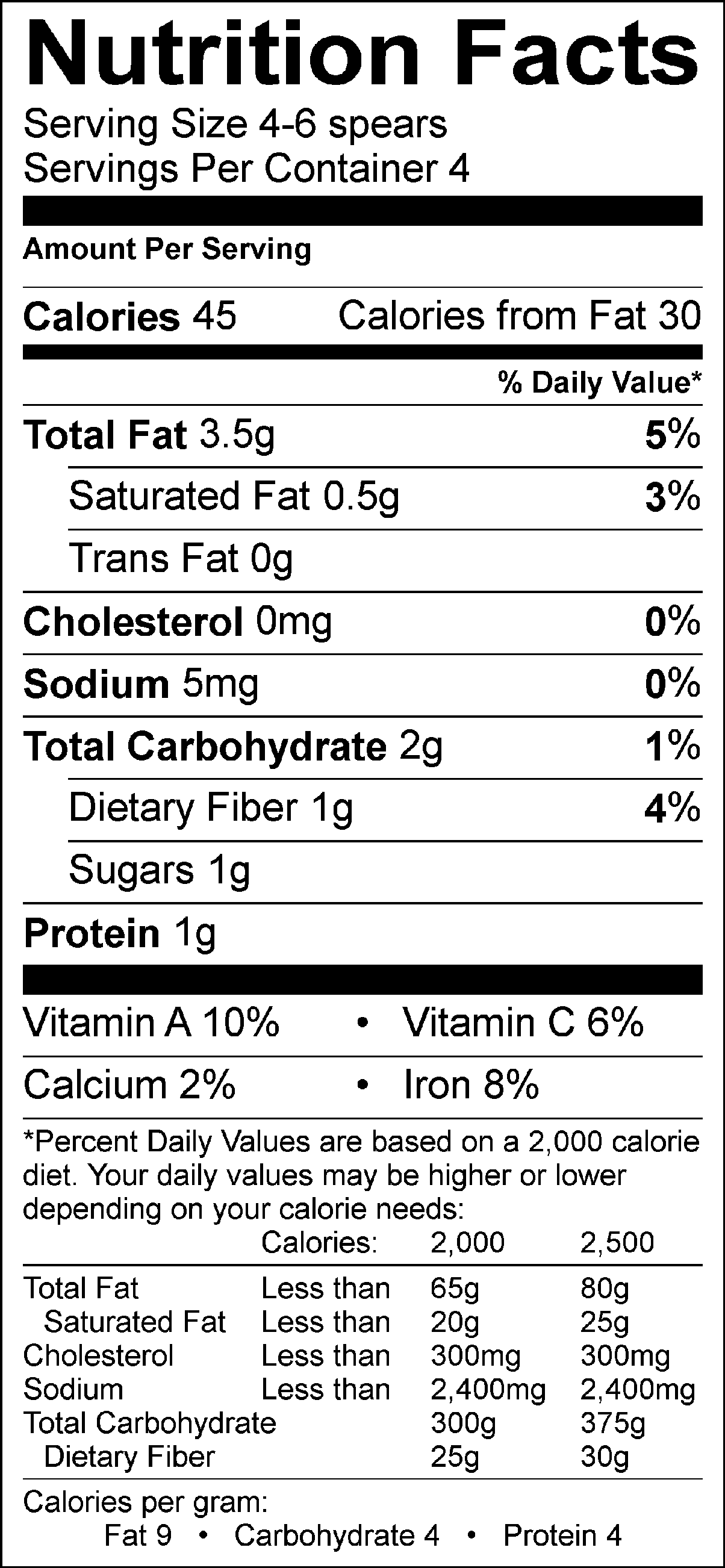 Roasted Asparagus Nutrition Facts Label