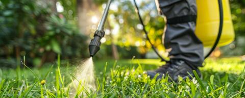 Person using a handheld pesticide sprayer on a lawn
