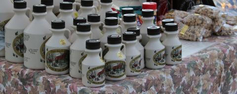 maple syrup jugs lined up for sale