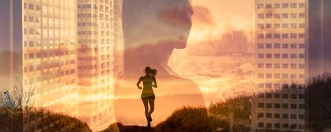 Confident strong woman reaching her goals, mental and physical health.