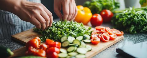 Fresh vegetables cut up on a cutting board.