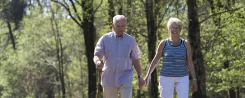 two older adults walking along a park path