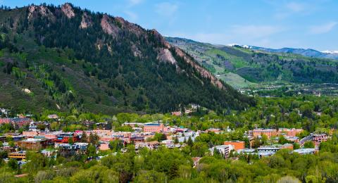 Aerial view of Aspen Colorado, a resort town in the mountains