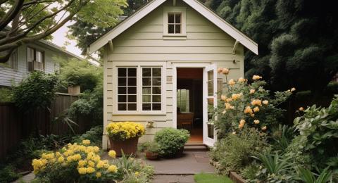 Small house in a backyard flower garden.