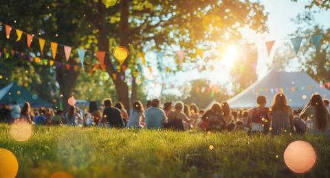 Outdoor Festival with Colorful Bunting and Sunset Glow