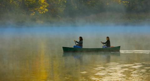 two people in a canoe on a foggy pond
