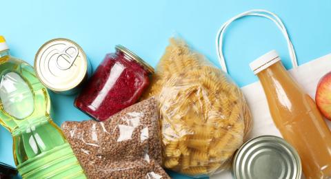 assorted canned, jarred, and fresh donated food