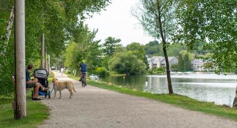 Person biking, people sitting on bench, stroller and dog on a trail by water