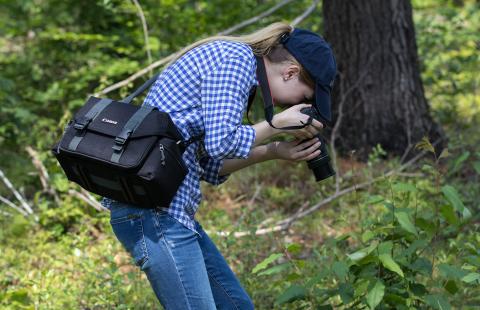 Woman takes photo in the woods