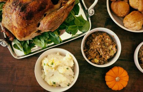 Thanksgiving meal with turkey and side dishes