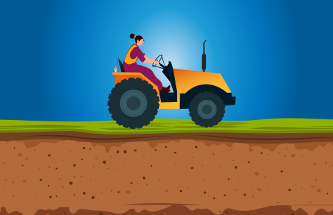 Illustration of a women on a tractor over soil - the graphic for Shared Soil podcast