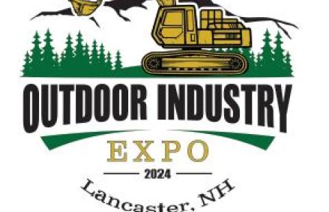 Outdoor Industry Career Expo Logo with mountains, green trees, excavator, spartan, clover