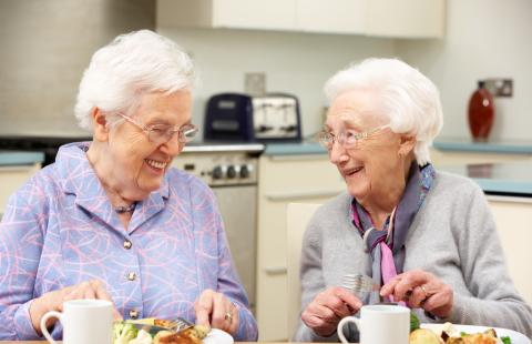 Senior women enjoying meal together at home