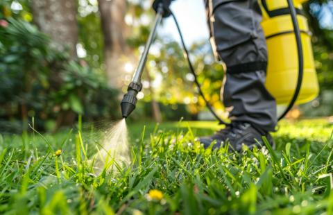Person using a handheld pesticide sprayer on a lawn