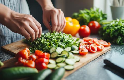 Fresh vegetables cut up on a cutting board.