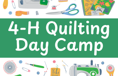 text 4-H Quilting Day Camp with illustrated graphics of sewing machines and sewing supplies