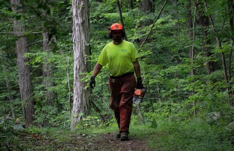 a man in a brightly colored shirt wearing a hardhat and chaps and carrying a chainsaw in a forest setting