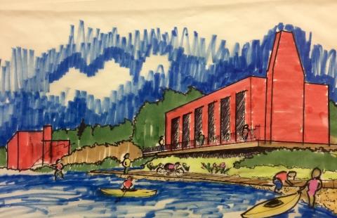 Drawing of building near waterfront with children in boats