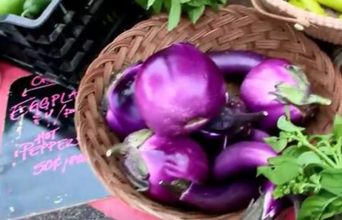 Bowl for fresh eggplant being sold at farmers' market.