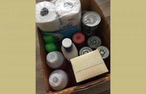 Box of canned goods, shampoo, paper towels and tissues