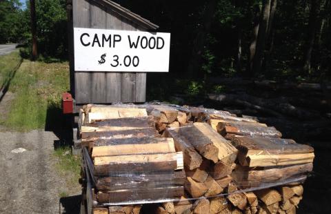 bundles of camp firewood for sale along a road; photo by Liz Graves, Mount Desert Islander