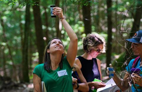 Teacher Elaine Marhefka conducts research in the woods