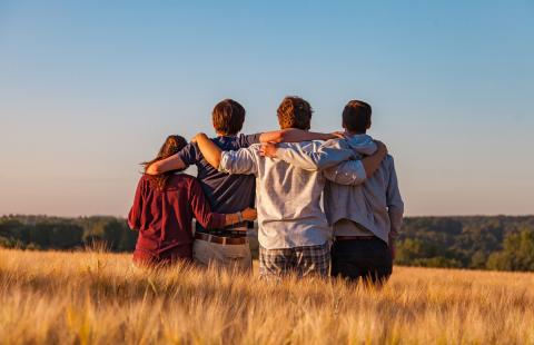 Four friends standing in field with arms over one another's shoulders 