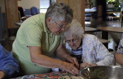 Two older women work together on a gardening project. They are indoors and seated at a table.