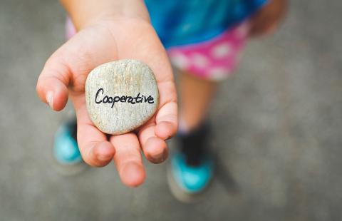 girl holding a rock that says cooperative