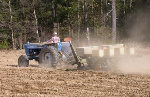 Farmer on tractor planting corn