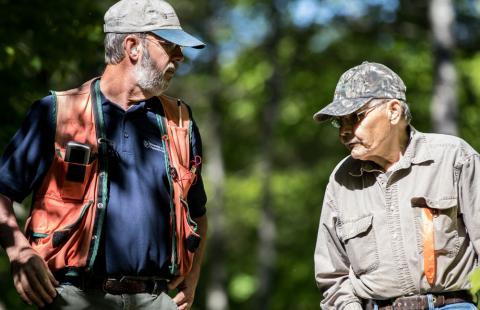 Two foresters talk in the forest.