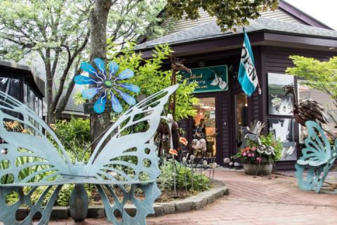 outdoor kiosk and sculptures