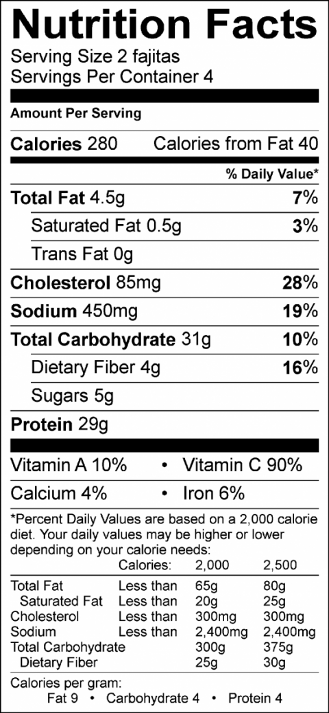 slow cooker chicken fajitas nutrition label