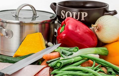 soup ingredients and a soup pot