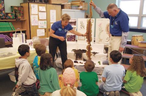 Marine Docents teaching youth in classroom