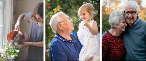 Woman Watering Plants, Grandfather and child, and older couple embracing