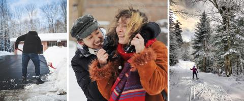 Shovelling, Two females joyously embracing in winter, Skiing