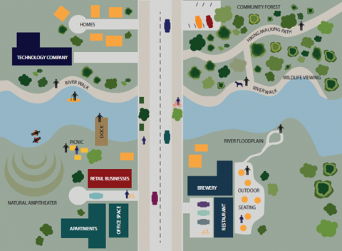 graphic of trails connecting to a downtown