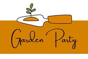 Digging trowel with a seedling on it, shown above the words 'Garden Party'