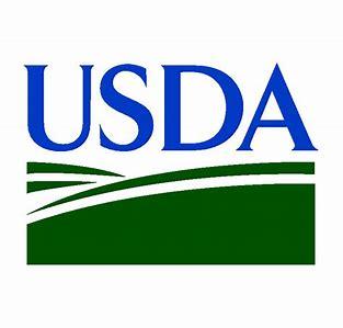 USDA Logo: Blue, capitalized Serif font with illustrated green hills